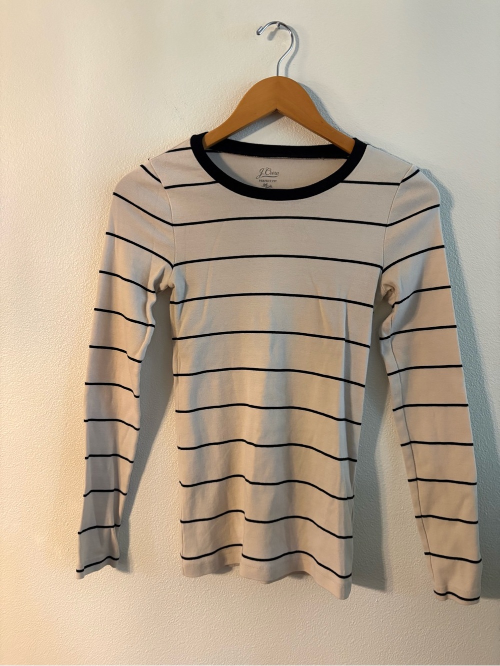 J. Crew Perfect Fit Cream Tee with Black Trim and Stripes